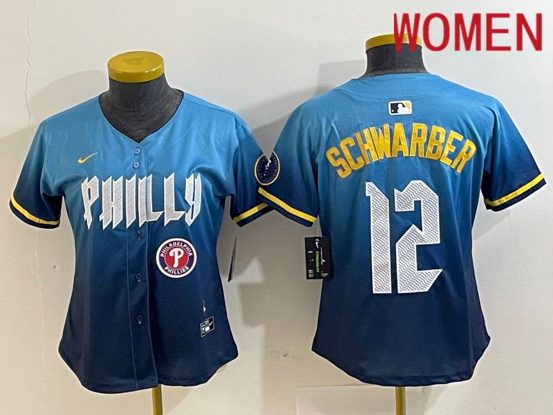 Women Philadelphia Phillies #12 Schwarber Blue City Edition Nike 2024 MLB Jersey style 4->women mlb jersey->Women Jersey